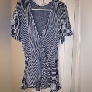 Blue and white striped front tie top